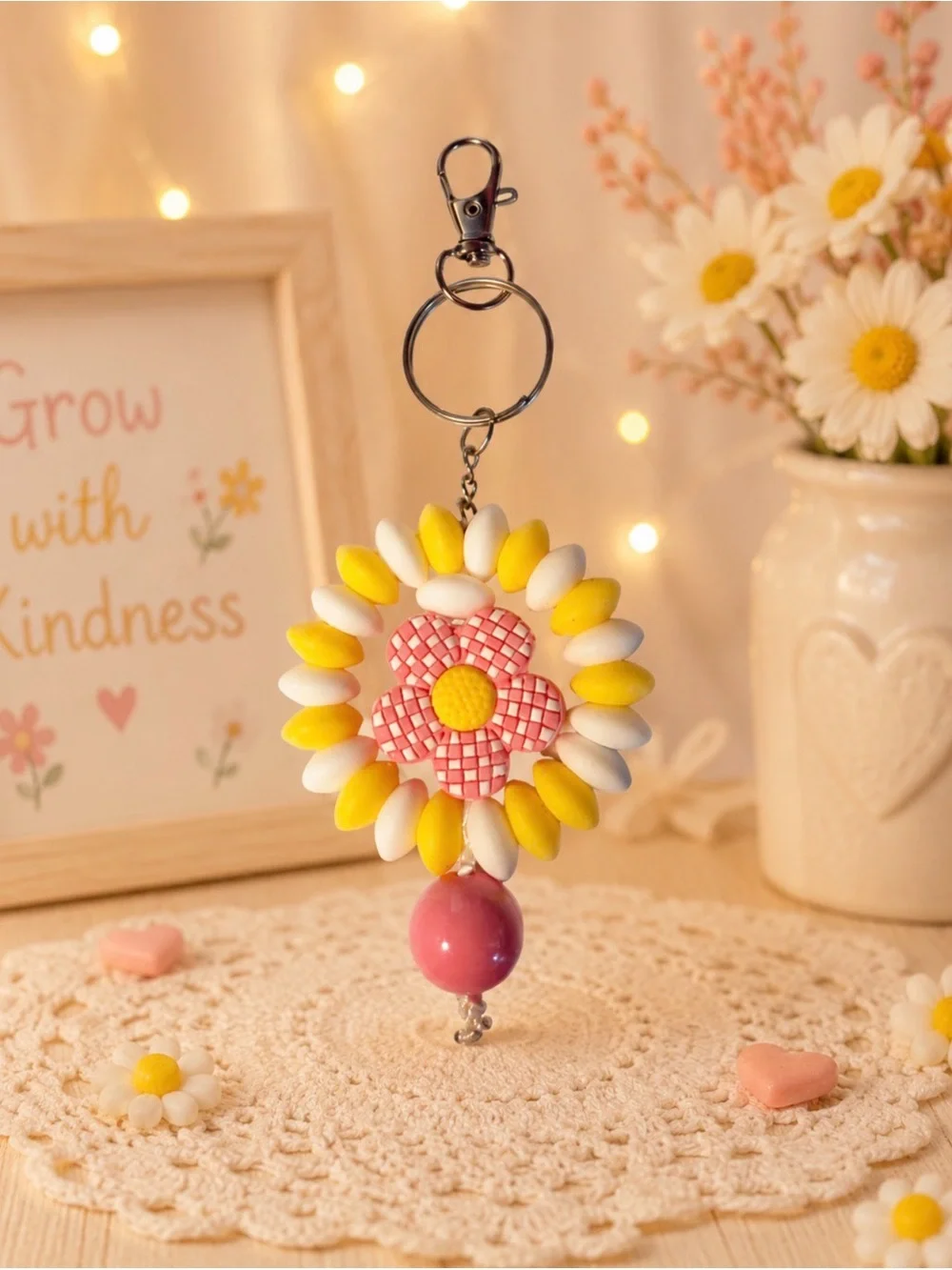 Handmade Cute Yellow & Pink Flower beaded Keychain